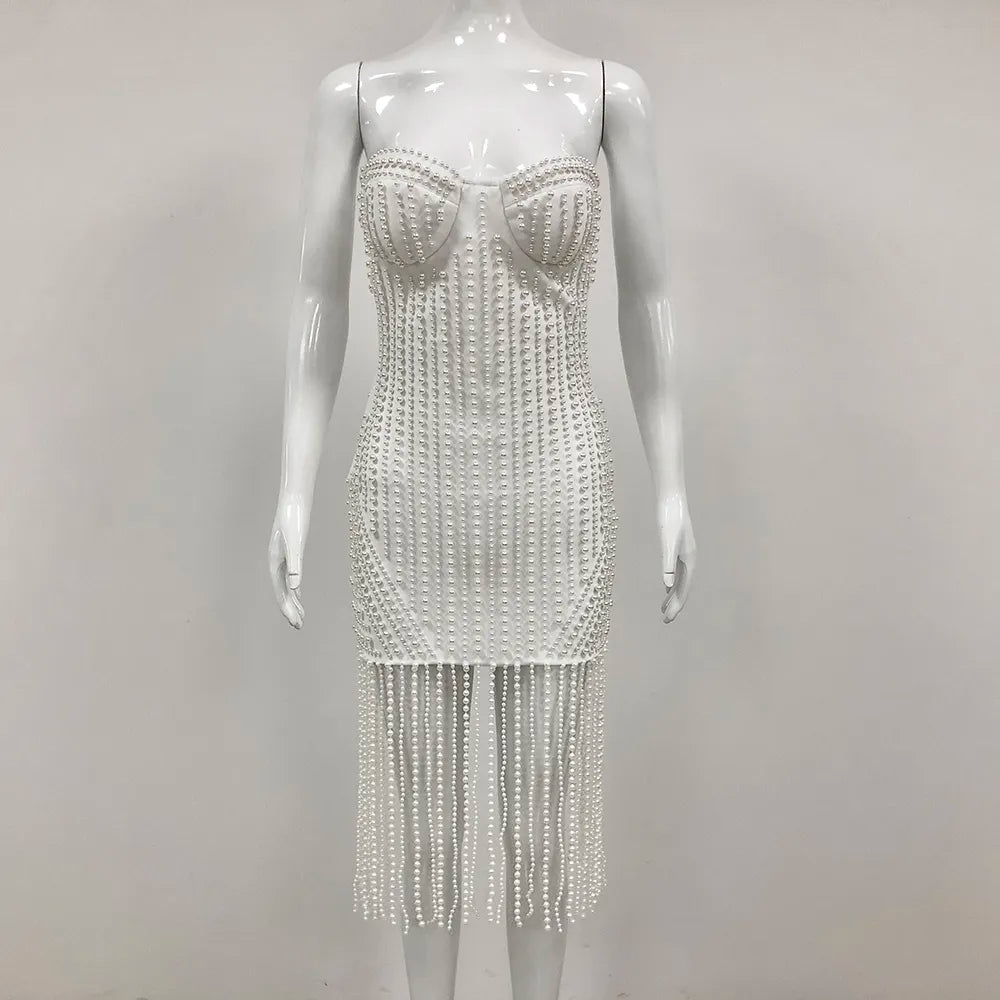 2025 Luxury Ball Gown Front De Noche De Luxo Women White Elegant Pearl Tassel Evening Dress Fashion Club Bandage Dress