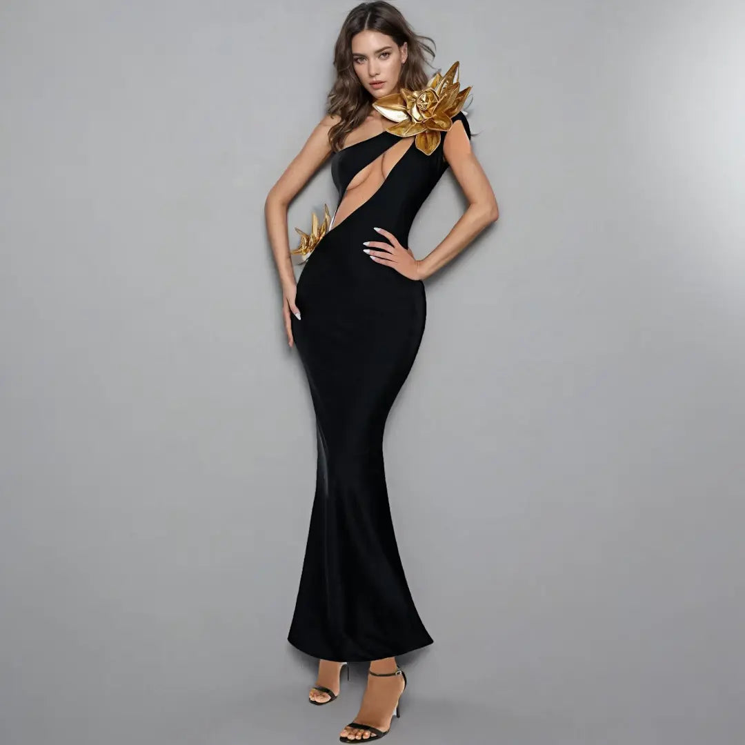 Wholesale women's elegant black club wear sexy party wear gold 3D flower cut out maxi dress evening gown