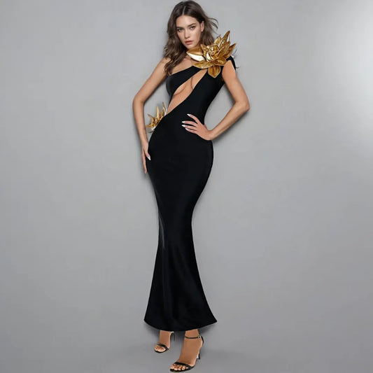 Wholesale women's elegant black club wear sexy party wear gold 3D flower cut out maxi dress evening gown