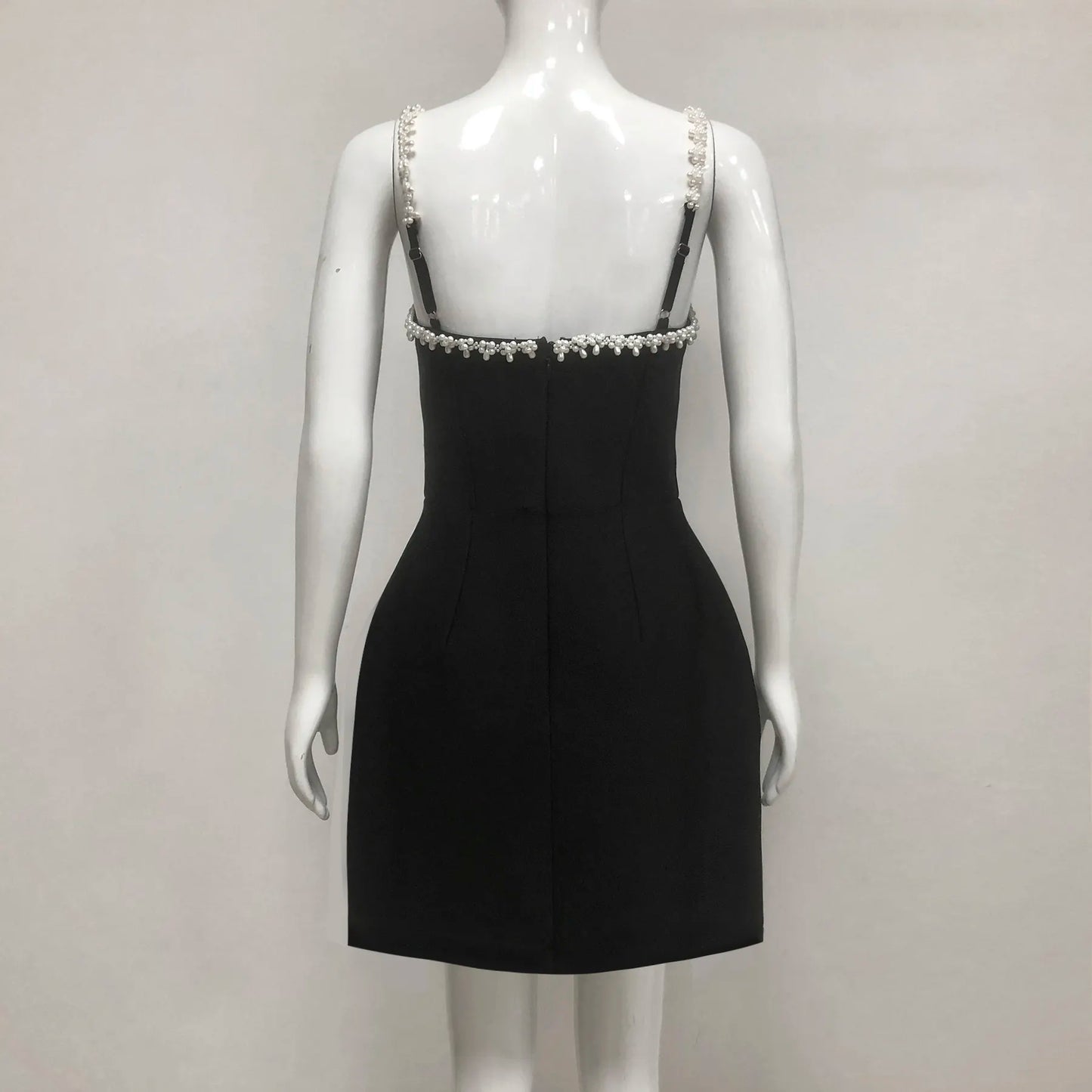 Ladies Club Dress Women Elegant Black Sleeveless Beaded Summer Sexy Chic Party Mini Dress With Pearl Spaghetti Strap