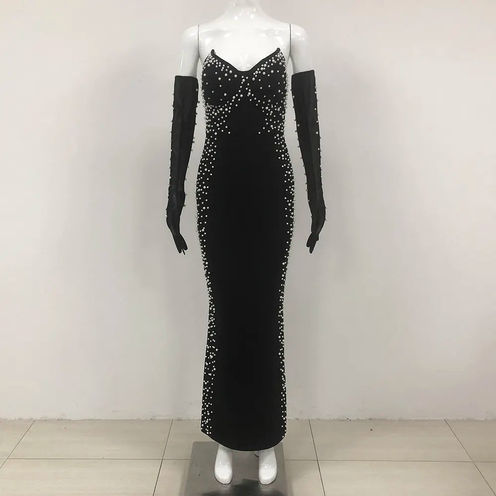 Custom made women dresses ladies elegant luxury black long formal party maxi dress diamond gown ladies evening dress