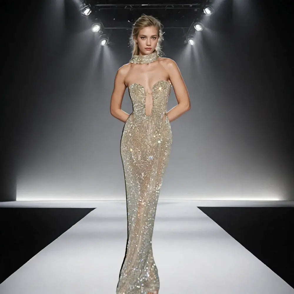 Custom made factory low MOQ custom elegant women's hot diamond rhinestone camisole luxury party dress long evening gown