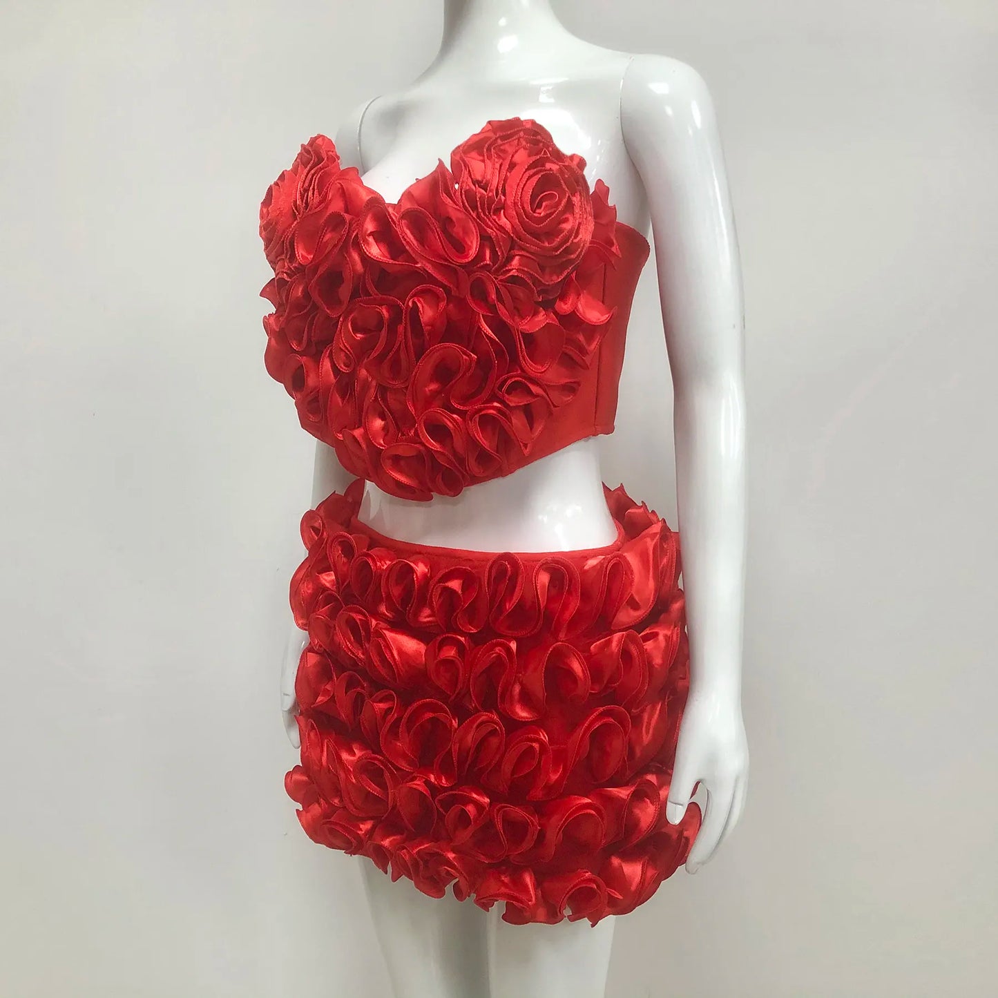 2025 Luxury Brand Women's 2 Piece Set Summer Club Suit Red Heart Top Mini Skirt Two Piece Set 3D Flowers