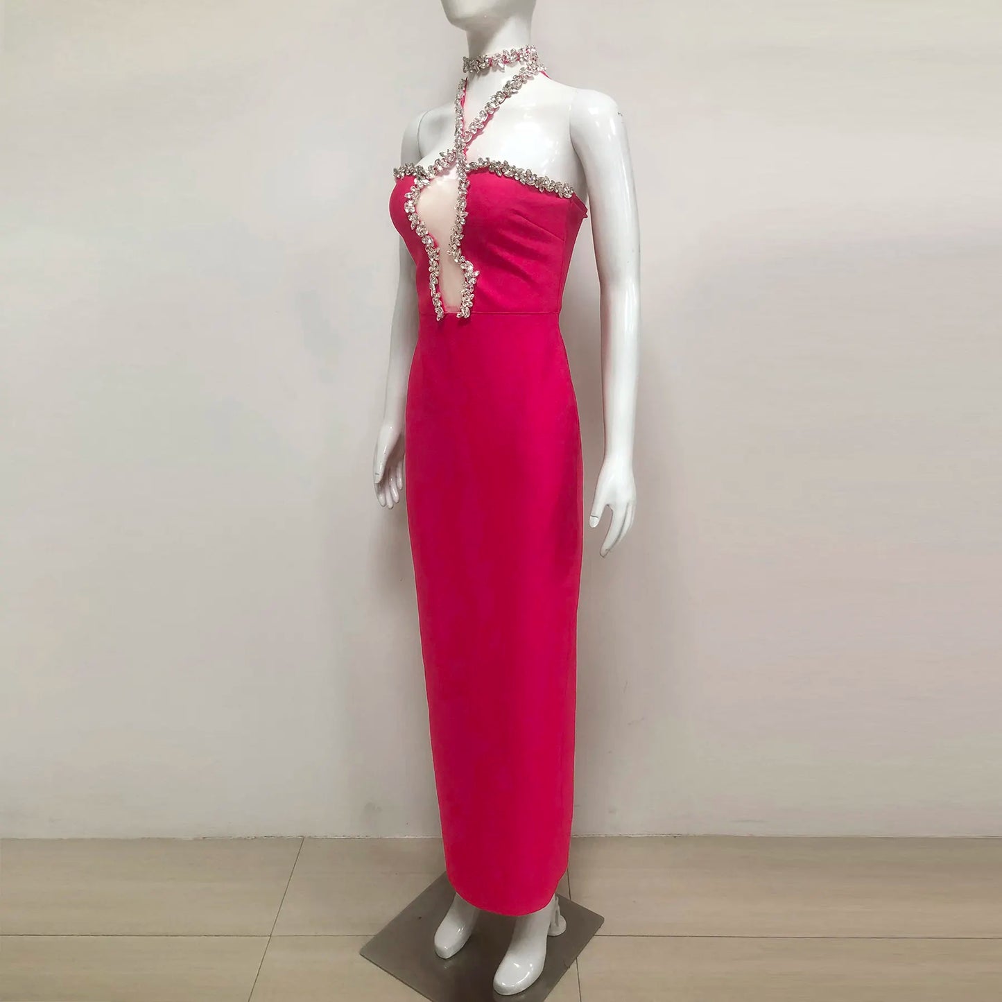 2025 Ball Gown Rhinestone Backless Rose Red Evening Dress Party Wear Front Porch Elegy Para Mujer Formal Elegant Bandage Gown