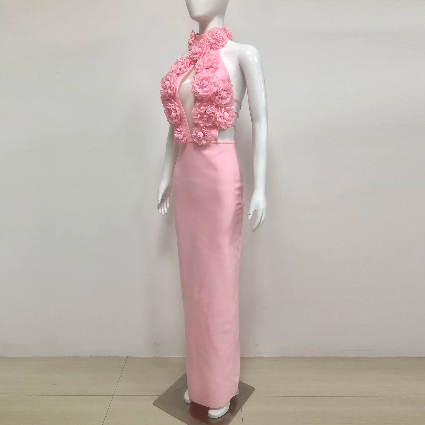 Wholesale women sexy birthday bandage dress nightgown De Soiree Elegante luxury 3d rose flower pink dinner evening dress