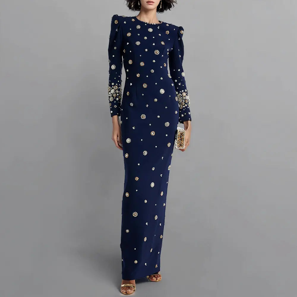 Luxury vestibule festa rhinestone pearl beaded maxi dress evening gown elegant dark blue women's maxi dress