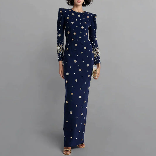 Luxury vestibule festa rhinestone pearl beaded maxi dress evening gown elegant dark blue women's maxi dress