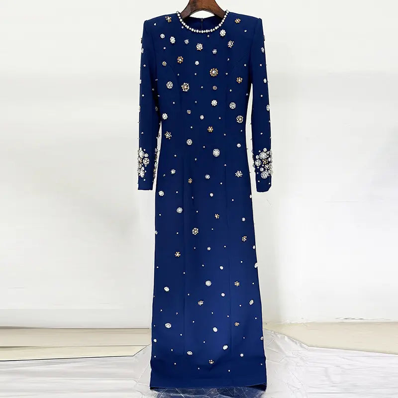 Luxury vestibule festa rhinestone pearl beaded maxi dress evening gown elegant dark blue women's maxi dress