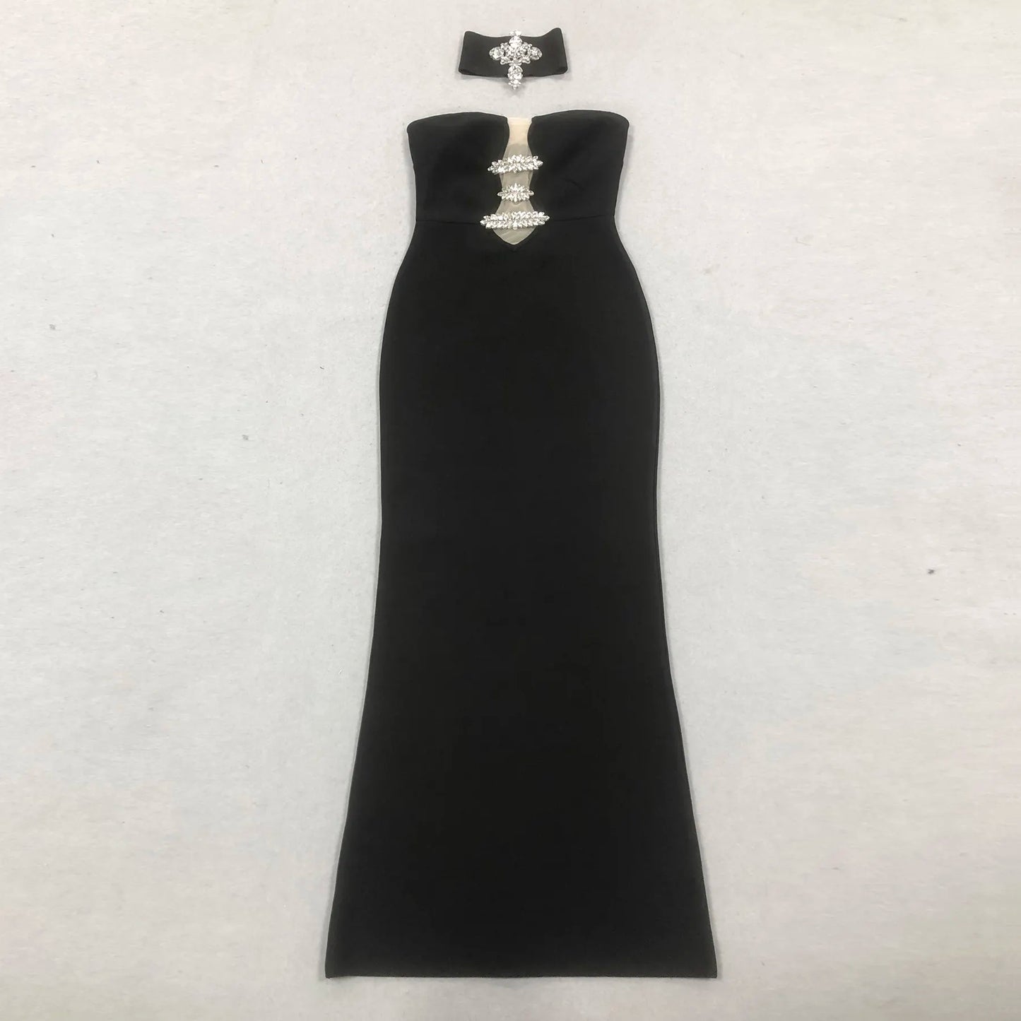 Custom bandage dress manufacturer luxury rhinestone elegant gown women long bodycon black evening dress