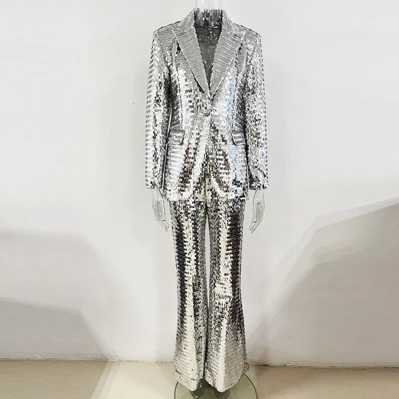 2025 New Fashion High-End Quality Women's Sports Jacket Mesh Silver Sequin Trousers Set Two-Piece Women's Sports Jacket Suit