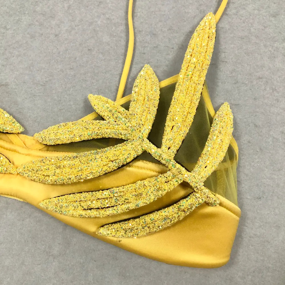 Wholesale high quality women's charming yellow glitter leaf design bra luxury sexy lingerie