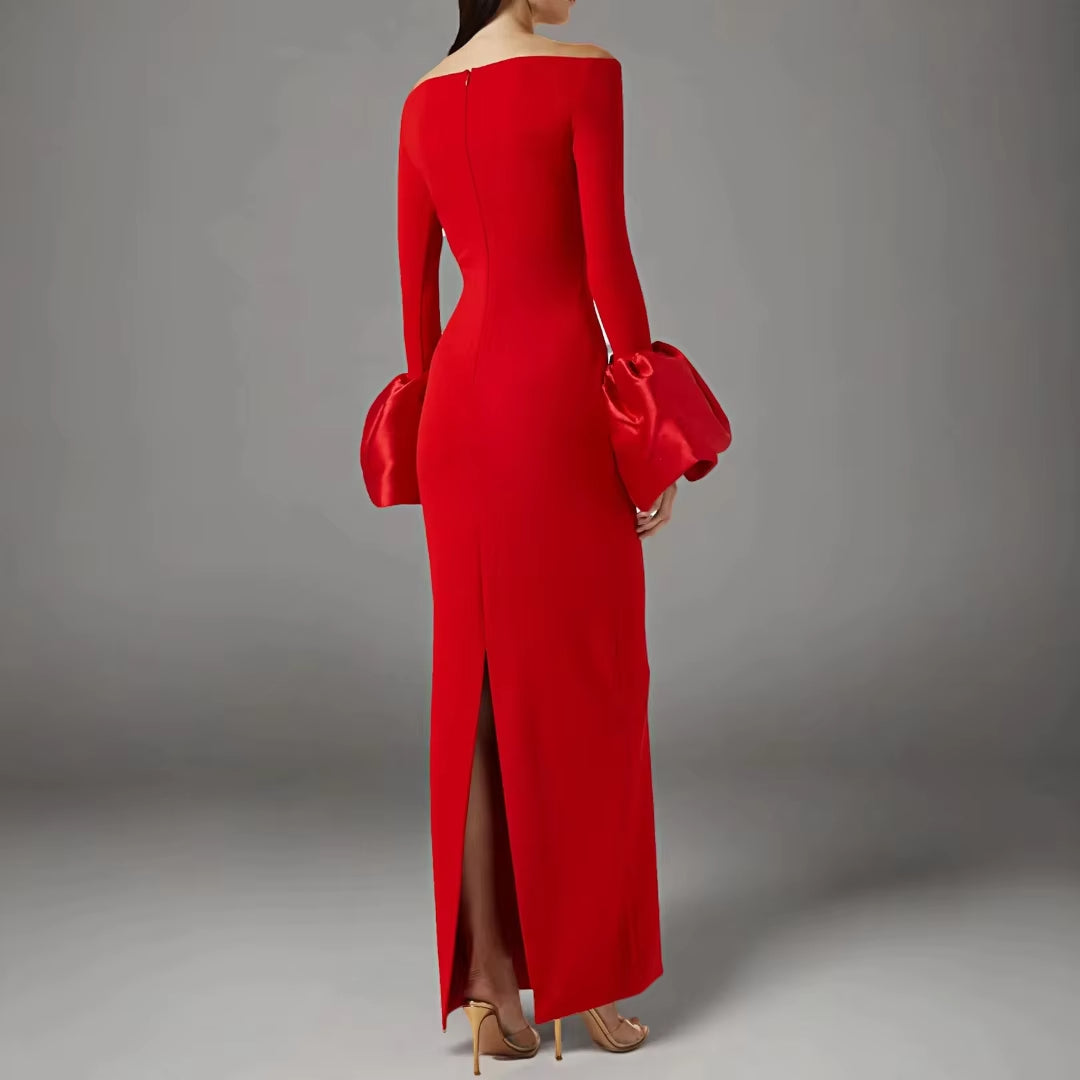 Womens Fashion Clothes Manufacturer Women Party Dresses Red Black Long Bodycon Evening Elegant Modest Lantern Sleeve Dress