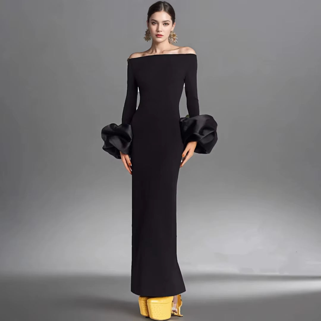 Womens Fashion Clothes Manufacturer Women Party Dresses Red Black Long Bodycon Evening Elegant Modest Lantern Sleeve Dress