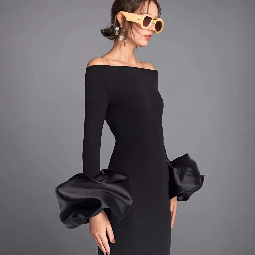 Womens Fashion Clothes Manufacturer Women Party Dresses Red Black Long Bodycon Evening Elegant Modest Lantern Sleeve Dress