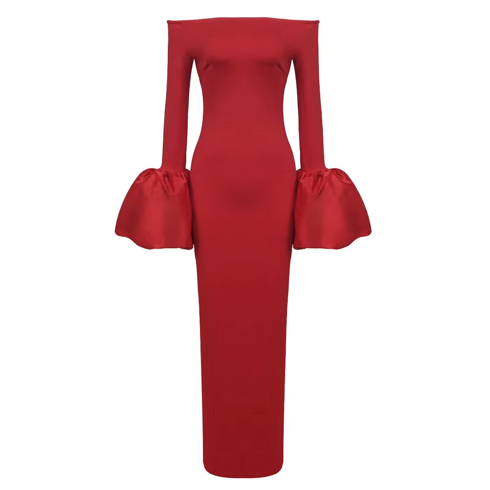 Womens Fashion Clothes Manufacturer Women Party Dresses Red Black Long Bodycon Evening Elegant Modest Lantern Sleeve Dress