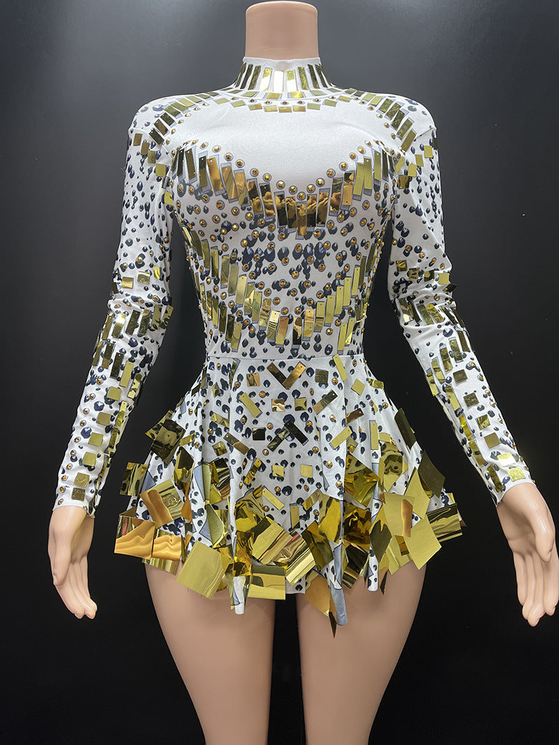 Mirror Beaded Long Sleeve Sequin Stage Performance Dress