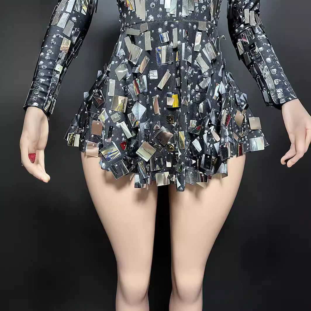 Mirror Beaded Long Sleeve Sequin Stage Performance Dress