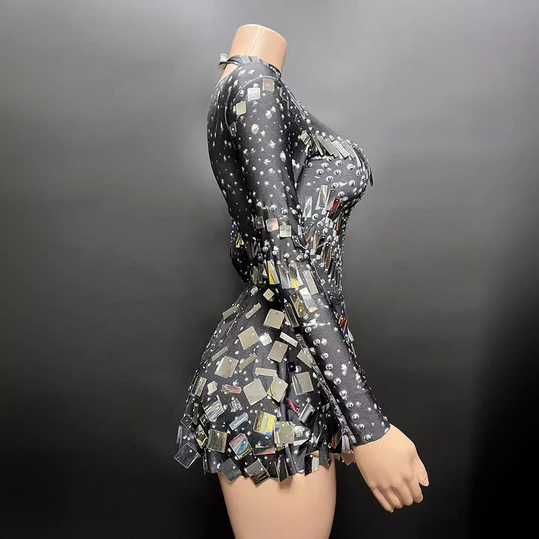 Mirror Beaded Long Sleeve Sequin Stage Performance Dress