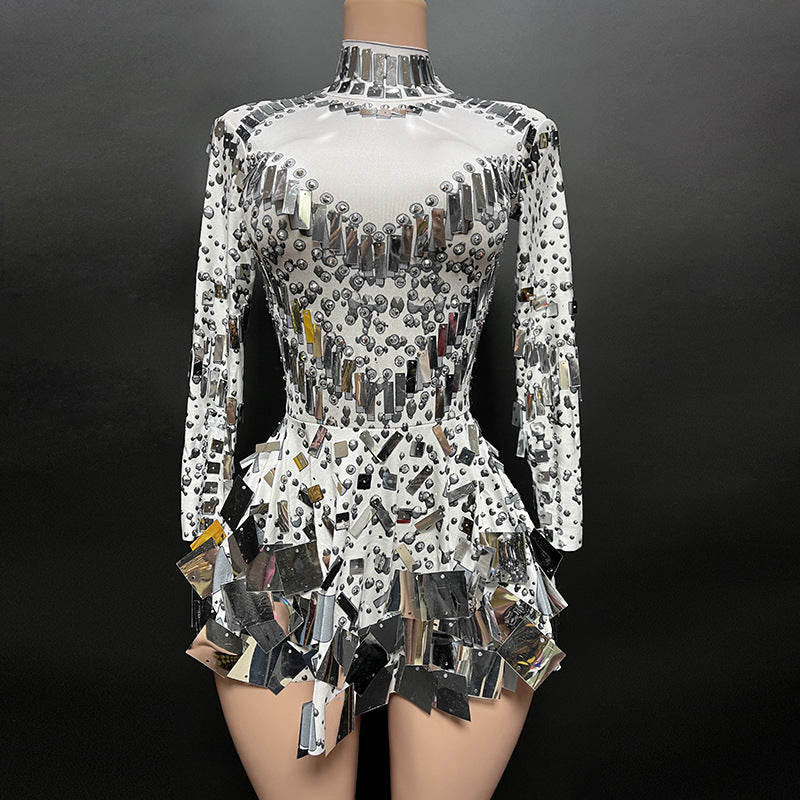 Mirror Beaded Long Sleeve Sequin Stage Performance Dress