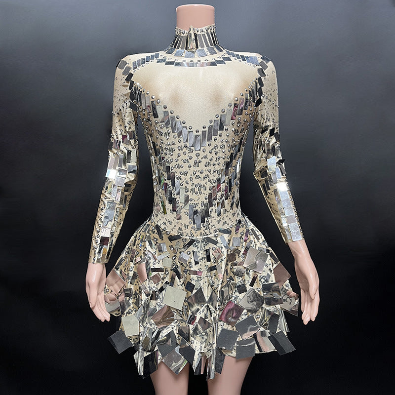 Mirror Beaded Long Sleeve Sequin Stage Performance Dress