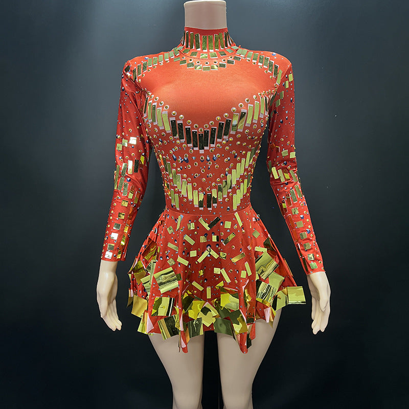 Mirror Beaded Long Sleeve Sequin Stage Performance Dress