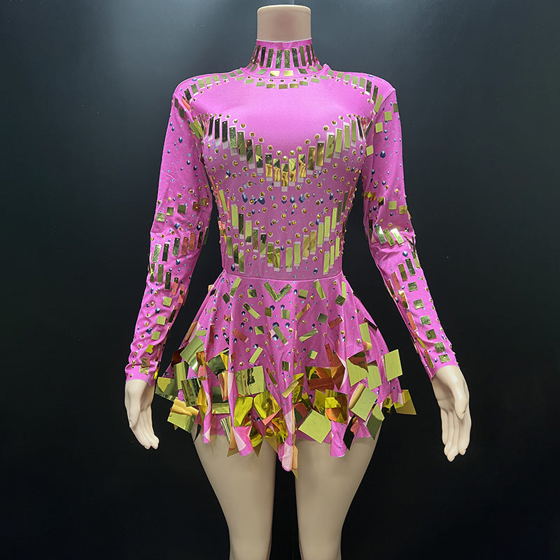 Mirror Beaded Long Sleeve Sequin Stage Performance Dress