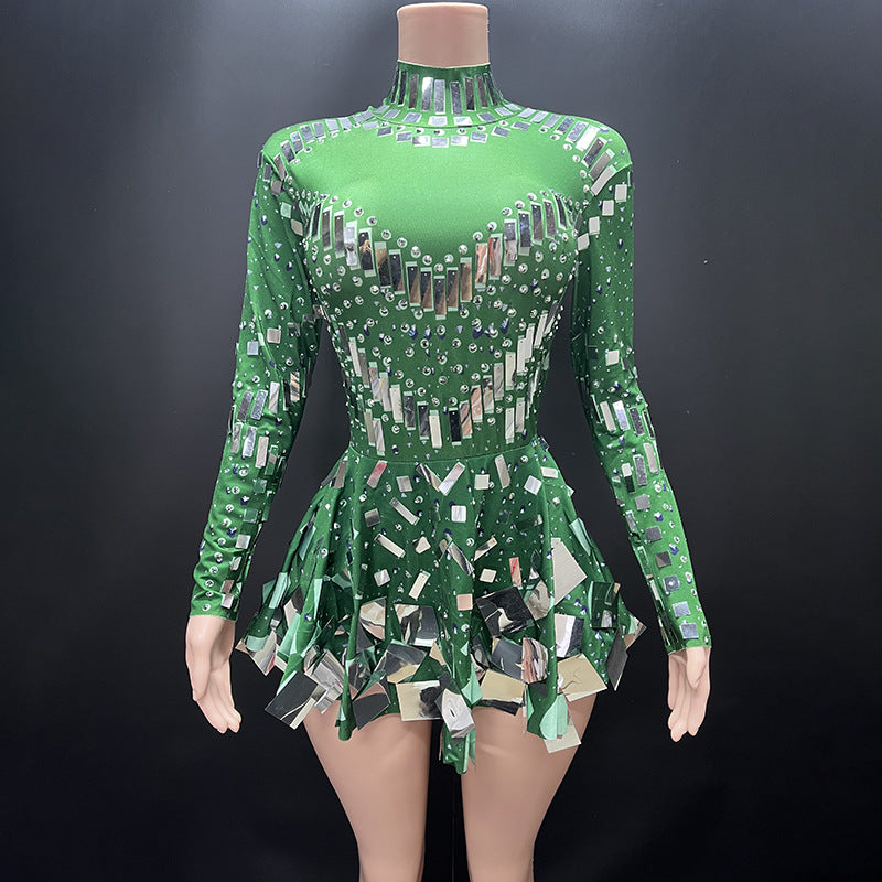 Mirror Beaded Long Sleeve Sequin Stage Performance Dress