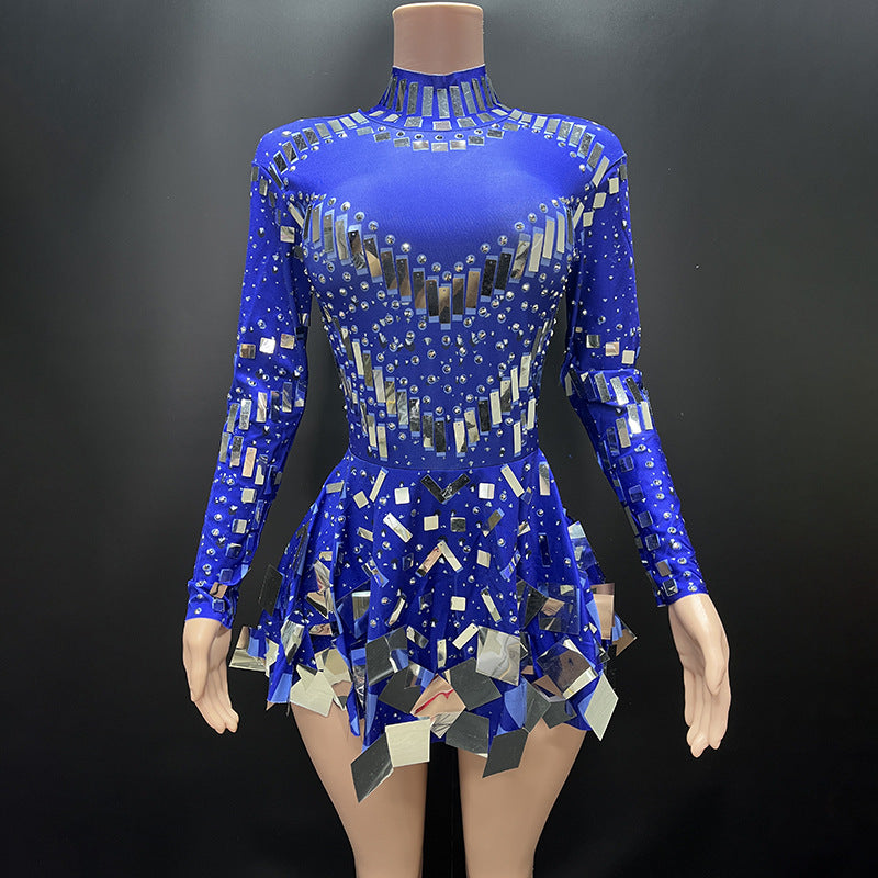 Mirror Beaded Long Sleeve Sequin Stage Performance Dress
