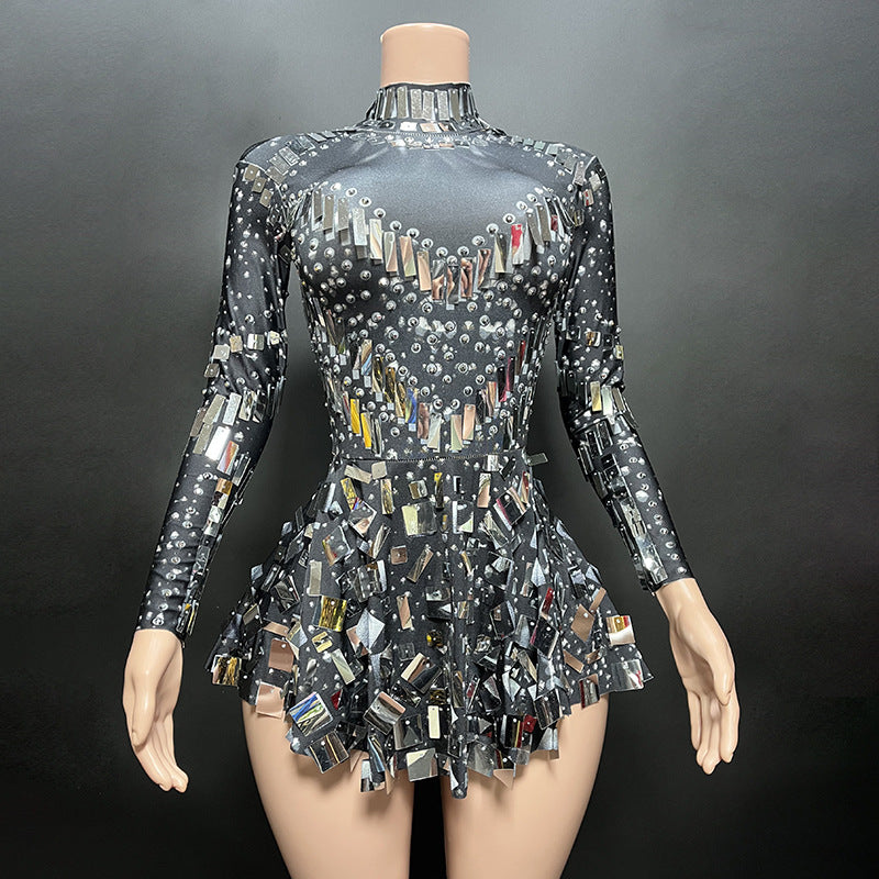 Mirror Beaded Long Sleeve Sequin Stage Performance Dress