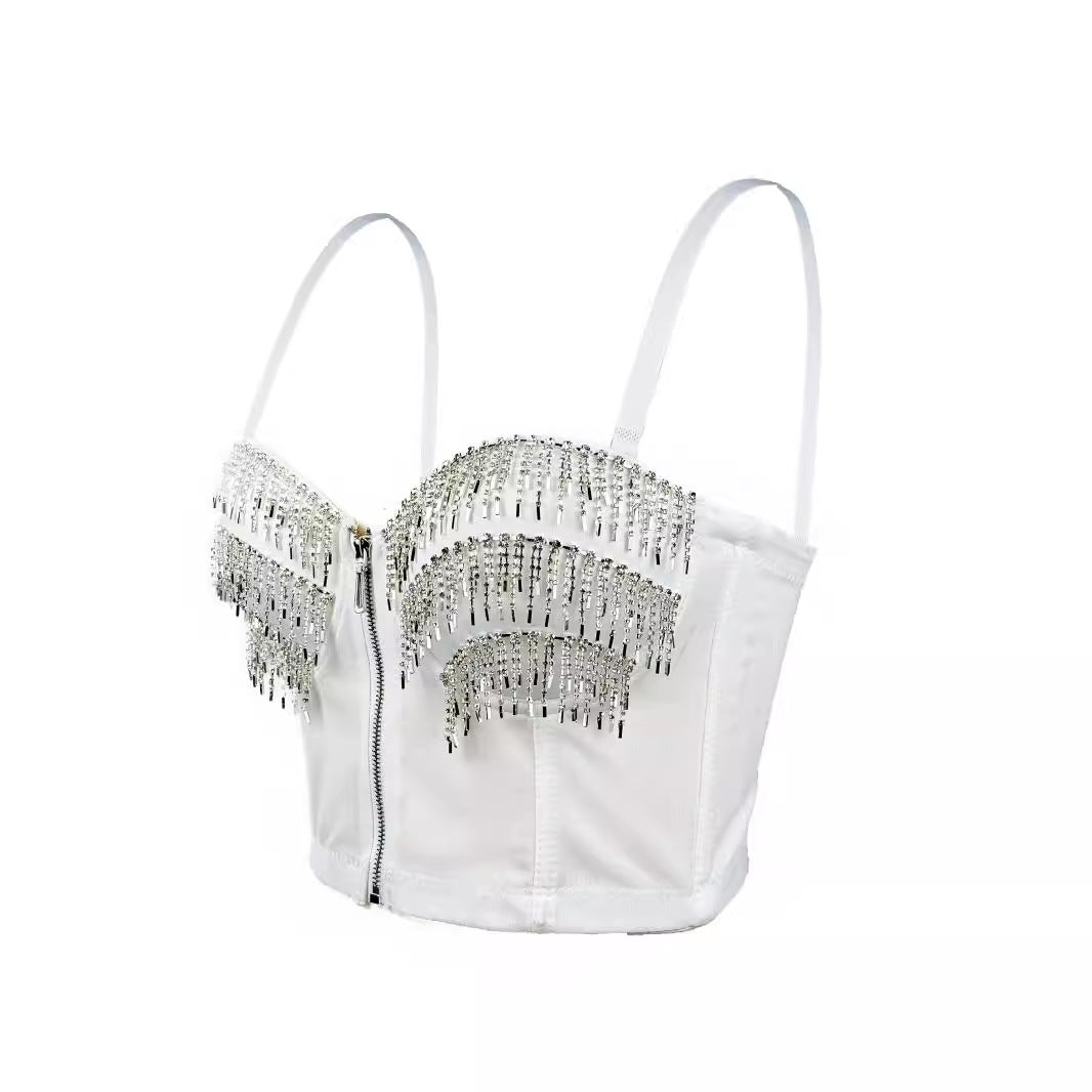Rhinestone Fringe Zipper Bustier Top Corset