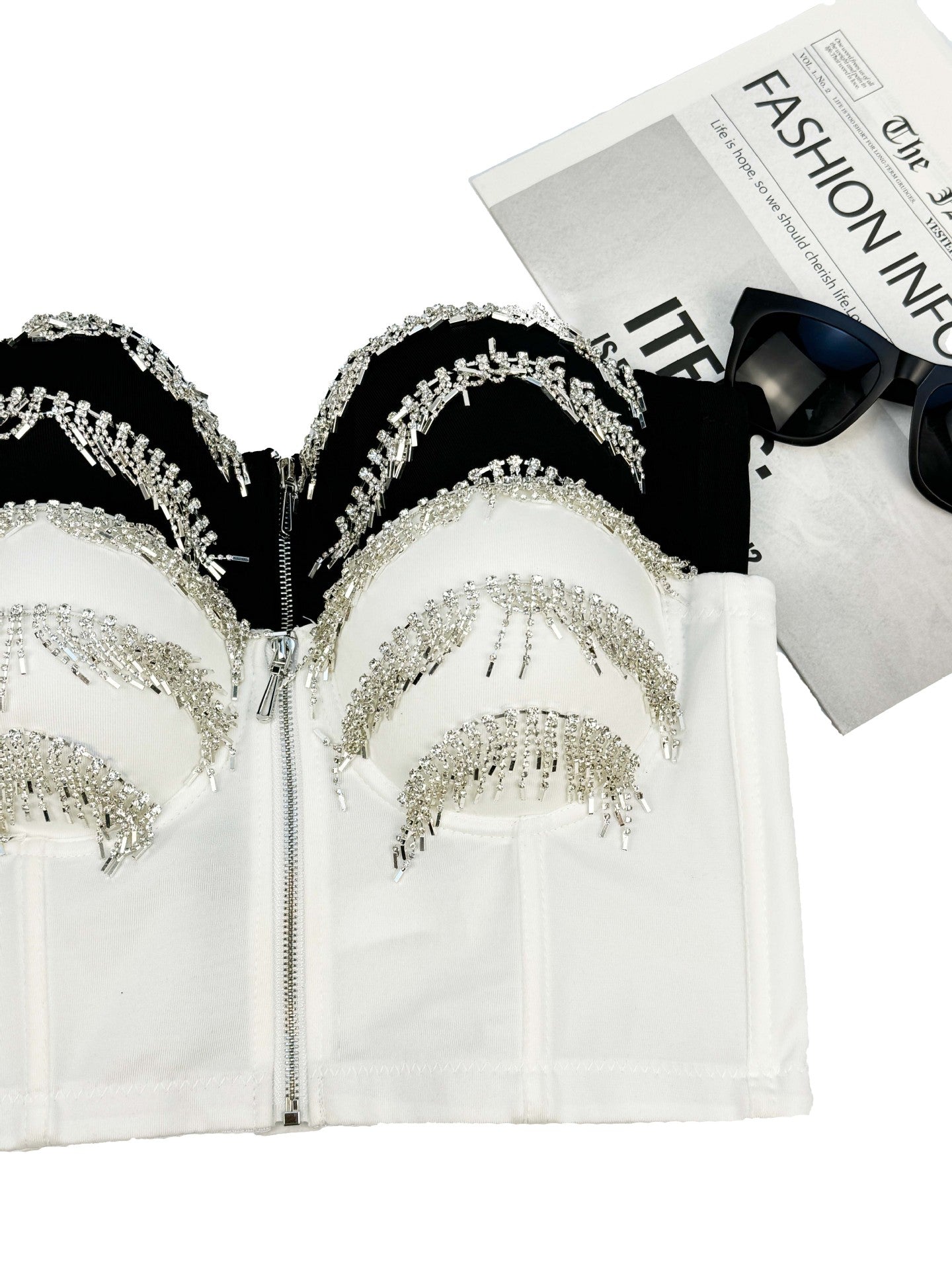 Rhinestone Fringe Zipper Bustier Top Corset