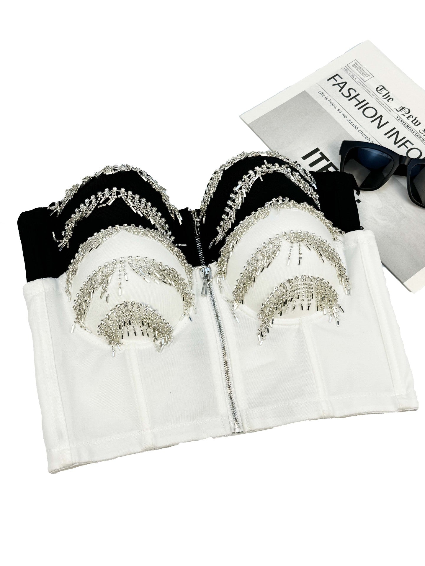 Rhinestone Fringe Zipper Bustier Top Corset