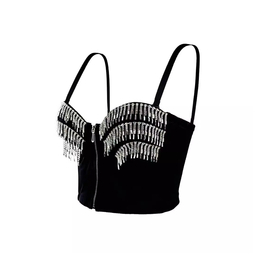 Rhinestone Fringe Zipper Bustier Top Corset