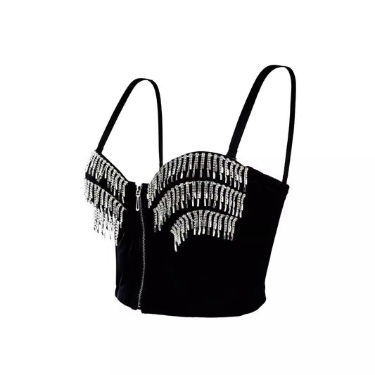 Rhinestone Fringe Zipper Bustier Top Corset