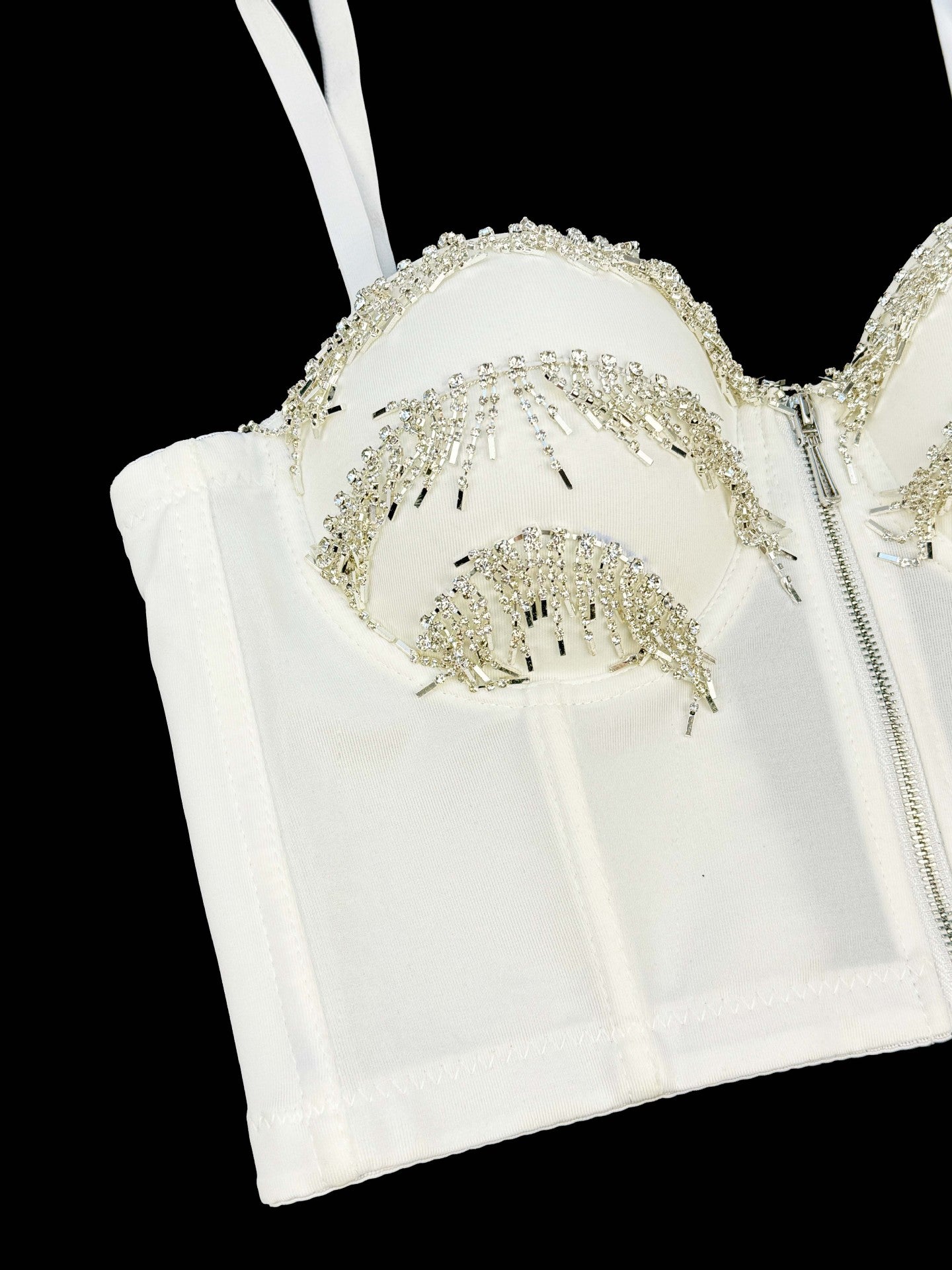 Rhinestone Fringe Zipper Bustier Top Corset