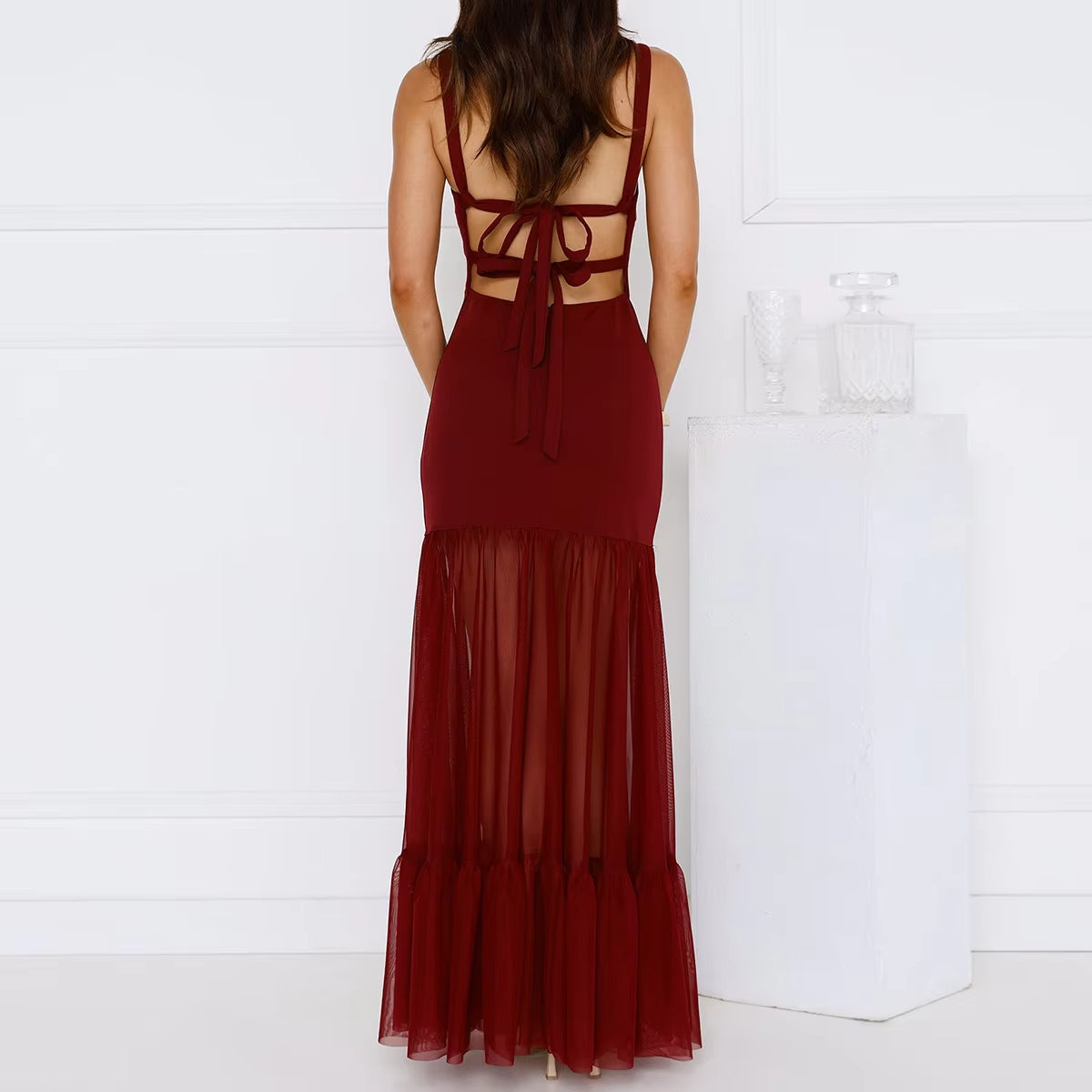 Women Pleated Maxi Dress Black Evening Dresses with Mesh