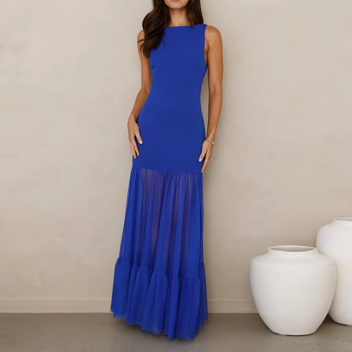 Women Pleated Maxi Dress Black Evening Dresses with Mesh
