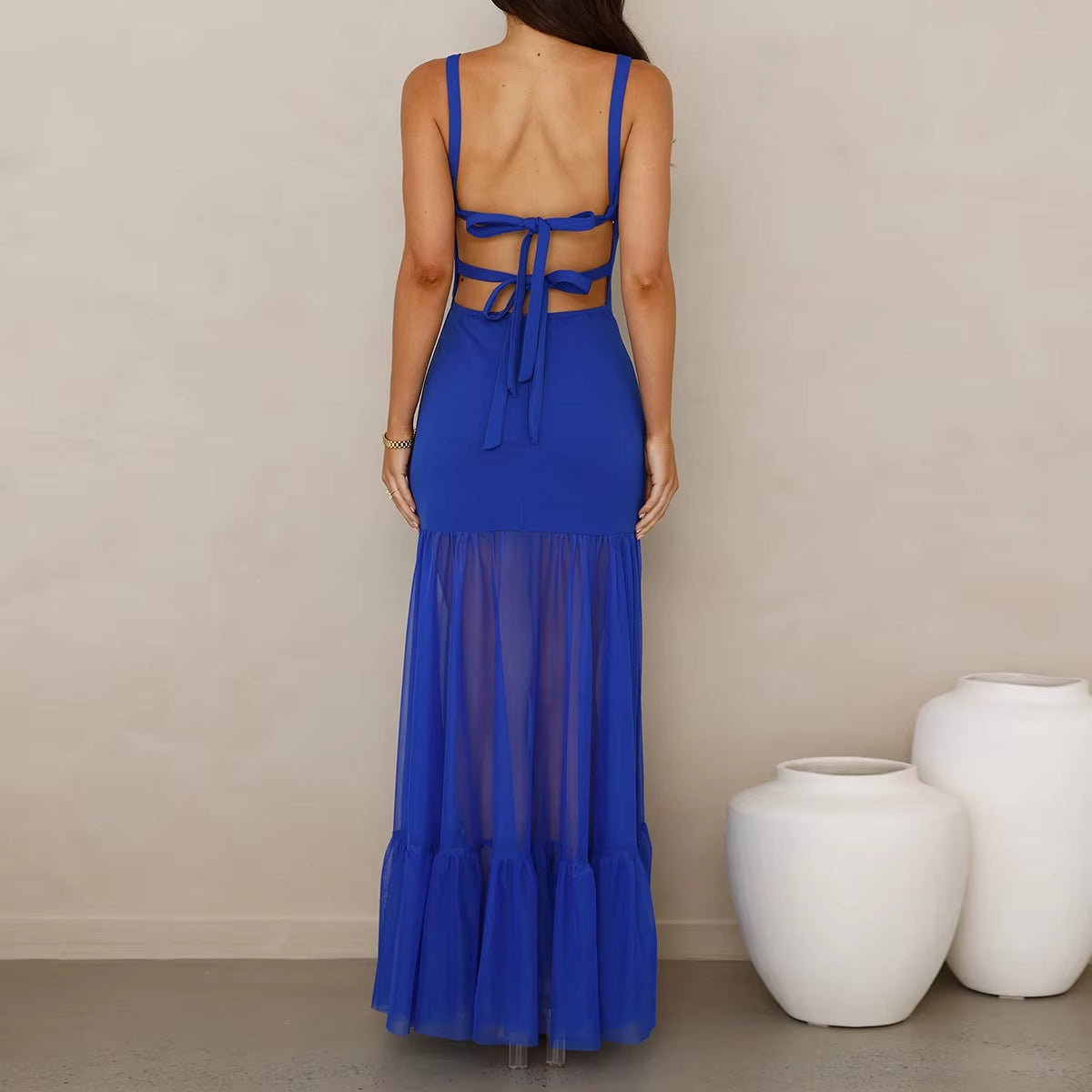 Women Pleated Maxi Dress Black Evening Dresses with Mesh