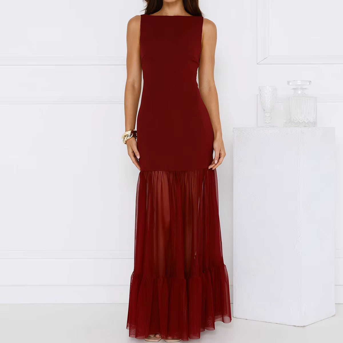 Women Pleated Maxi Dress Black Evening Dresses with Mesh