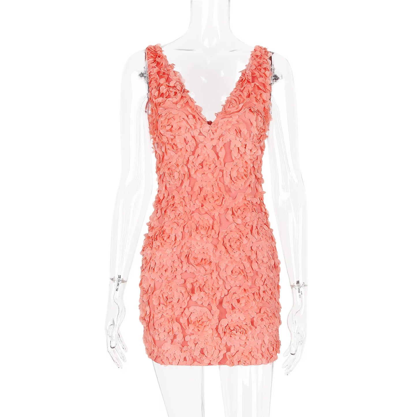 Apricot Mini Prom Dresses Women Deep v Neck Sexy Party Vacation Club Dress with 3D Flowers