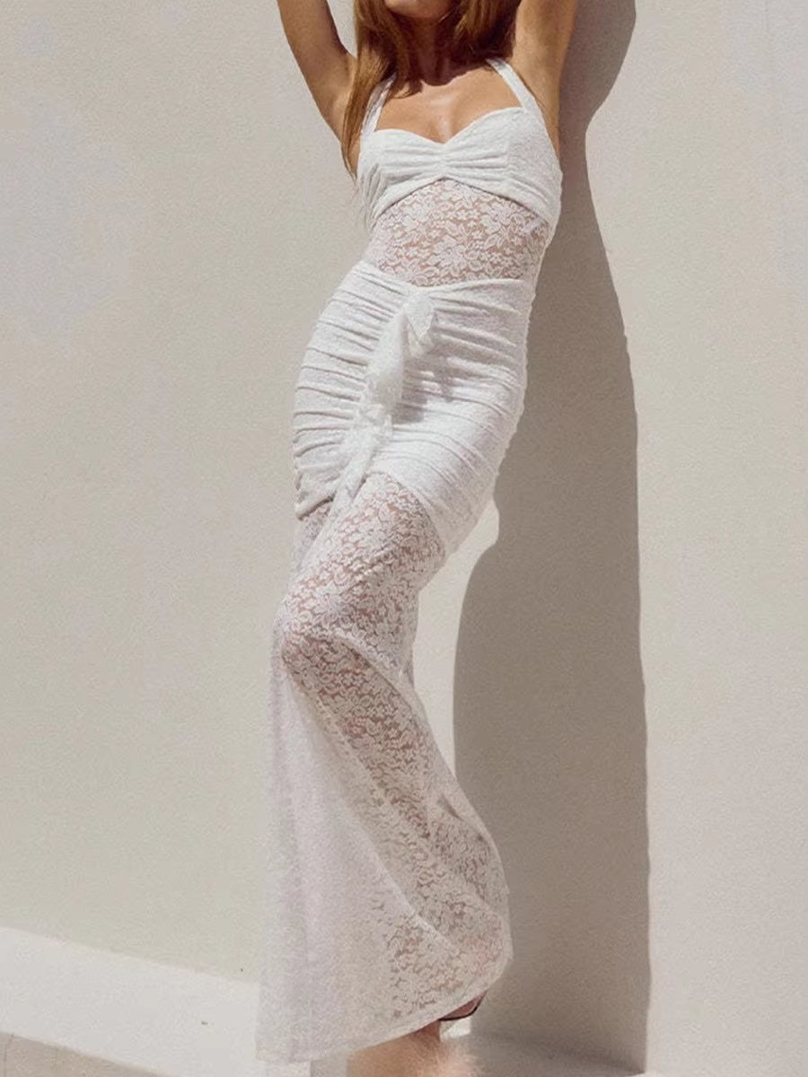 Halter Lace Mesh Club Dresses Long Sexy Backless See Through Pleated Maxi Dress for Women