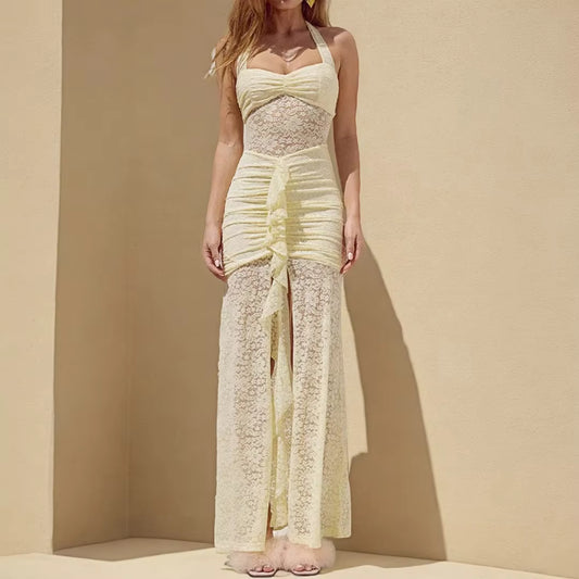 Halter Lace Mesh Club Dresses Long Sexy Backless See Through Pleated Maxi Dress for Women