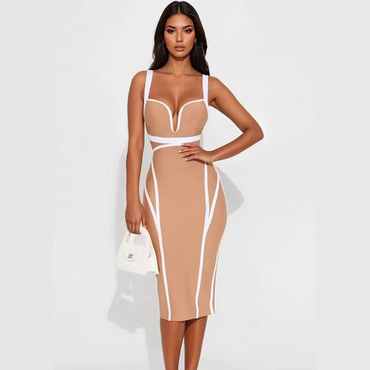 Nude Contrast Trim Bodycon Midi Dress