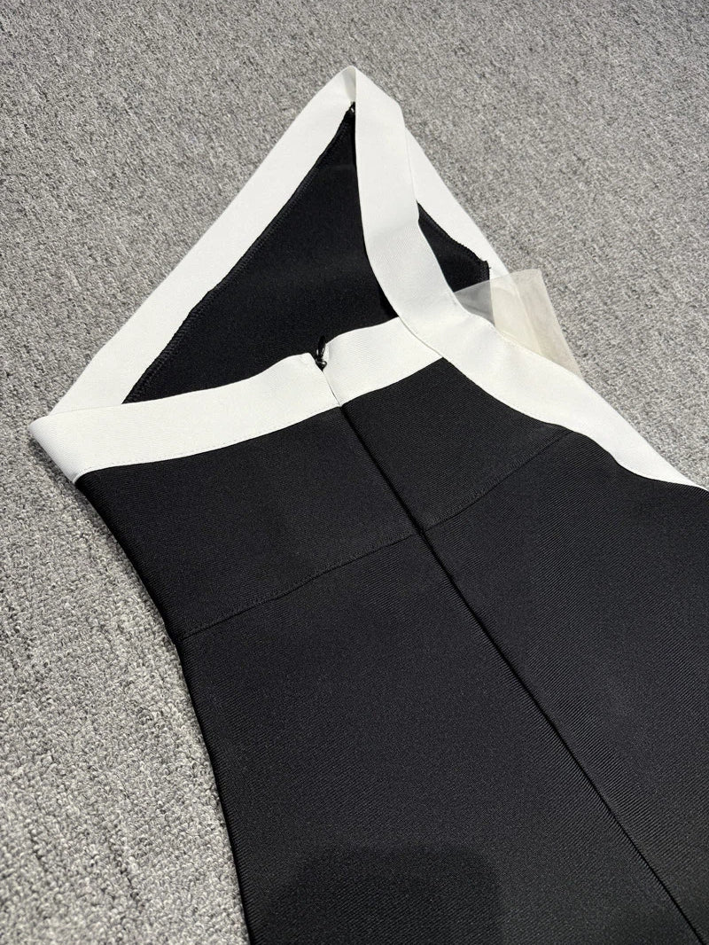 Black White High Slit Bandage Dress