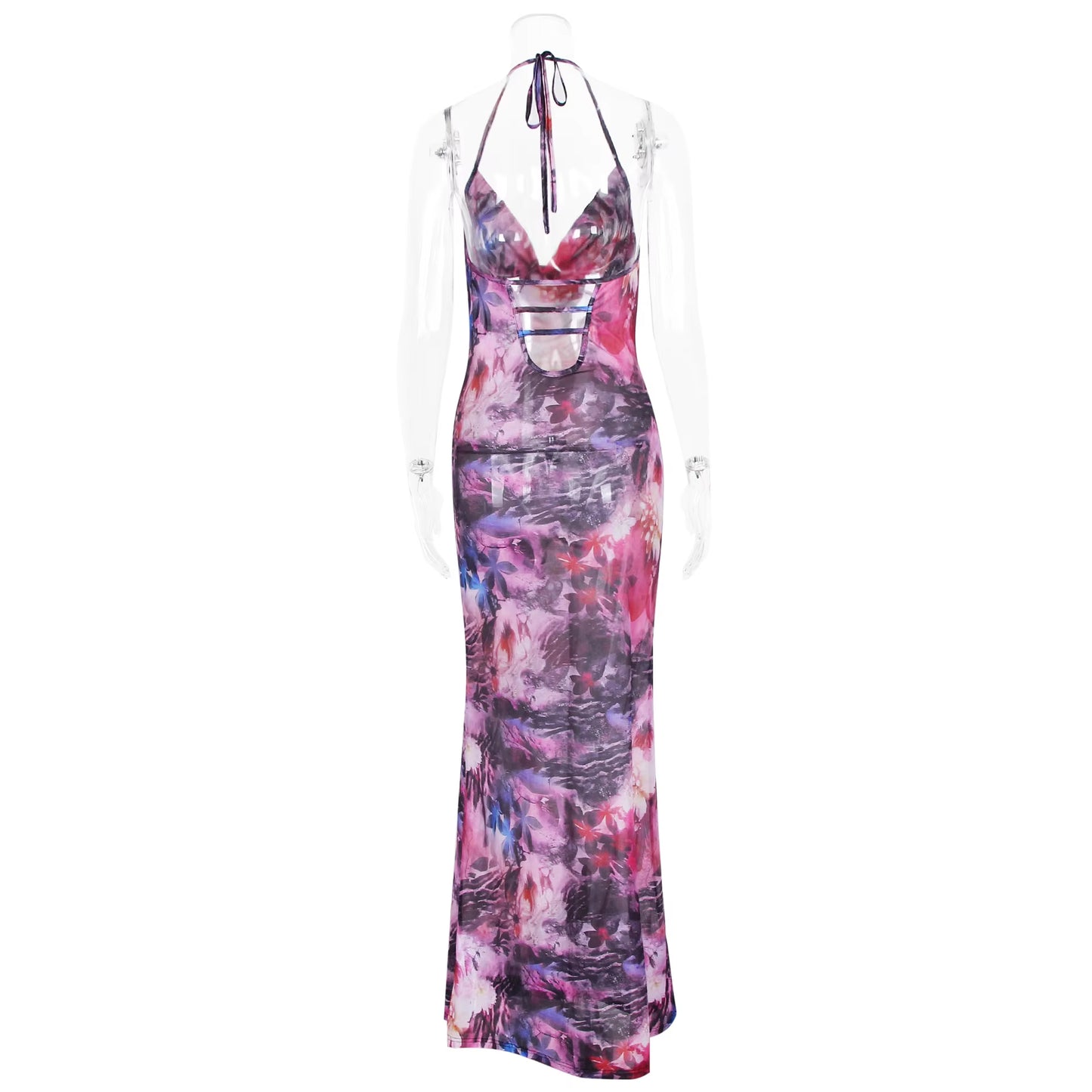 Floral Print Dress Women Halter V Neck Backless Long Gown Flower Evening Dresses