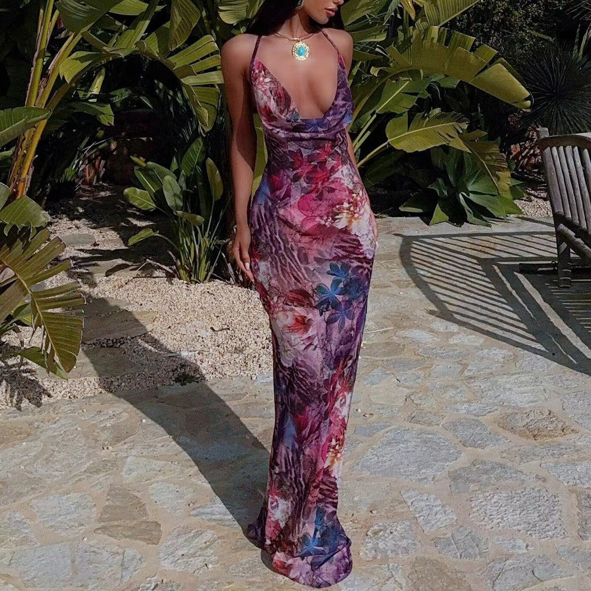 Floral Print Dress Women Halter V Neck Backless Long Gown Flower Evening Dresses