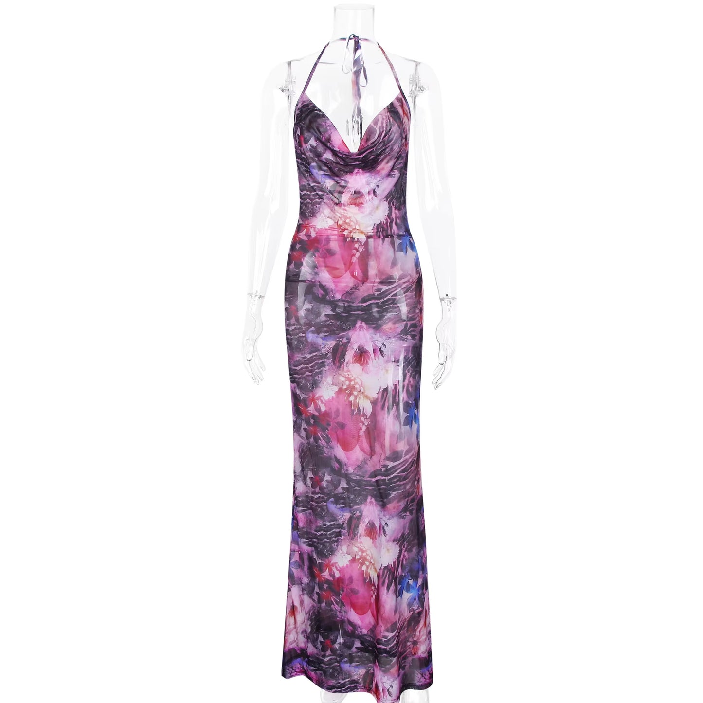 Floral Print Dress Women Halter V Neck Backless Long Gown Flower Evening Dresses