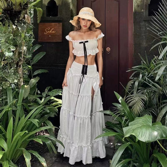 White Ruffled Bandeau Top and Layered Long Skirt Set