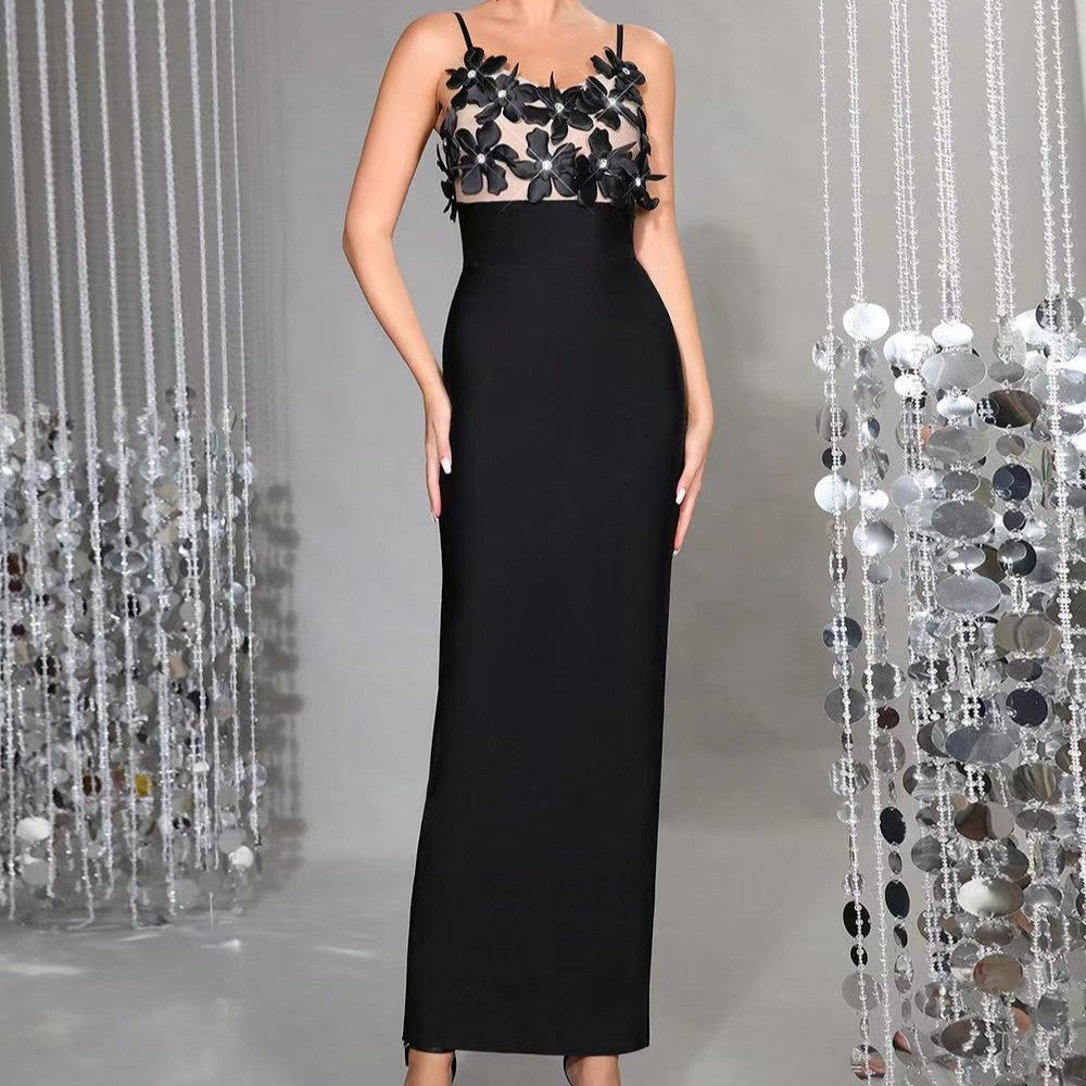 Black 3D Floral Applique Mesh Top Spaghetti Strap Long Evening Gown