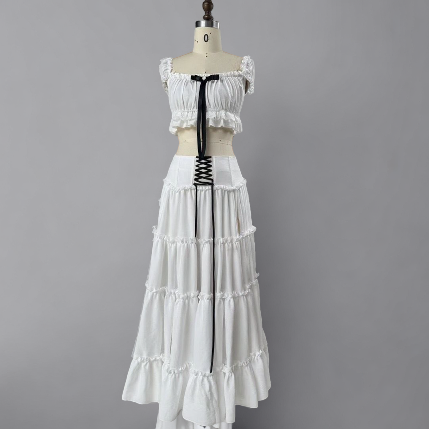 White Ruffled Bandeau Top and Layered Long Skirt Set
